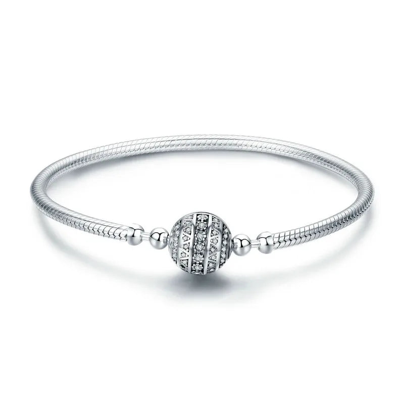 Bamoer 100% 925 Sterling Silver Dazzling Clear CZ Round Clasp Snake Chain Flower Clasp Bracelet Fine Jewelry SCB062