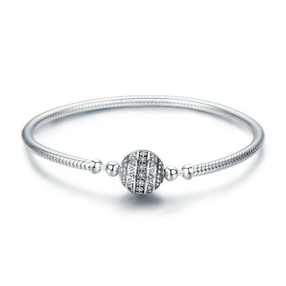 Bamoer 100% 925 Sterling Silver Dazzling Clear CZ Round Clasp Snake Chain Flower Clasp Bracelet Fine Jewelry SCB062