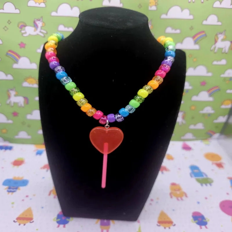 Y2K Kandi Necklaces | Neon Sparkly Rainbow | Lollipop Charms | Candy Girl Party Jewelry |  Dopamine Aesthetic
