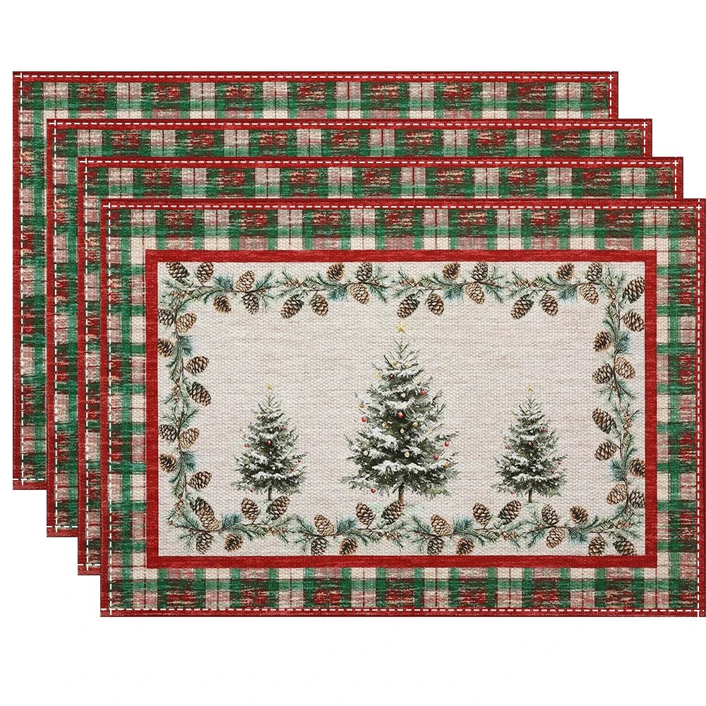 Retro Checkered Christmas Tree  Linen Placemat  Table Mats Rectangular Non Slip Dining Table for Kitchen Home Decor Essentials
