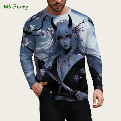 Japanese Long Sleeve Mens 3D Samurai Cartoon Pattern T-Shirt O-Neck Long Short Sleeve Breathable Style Streetwear Men's Clothing