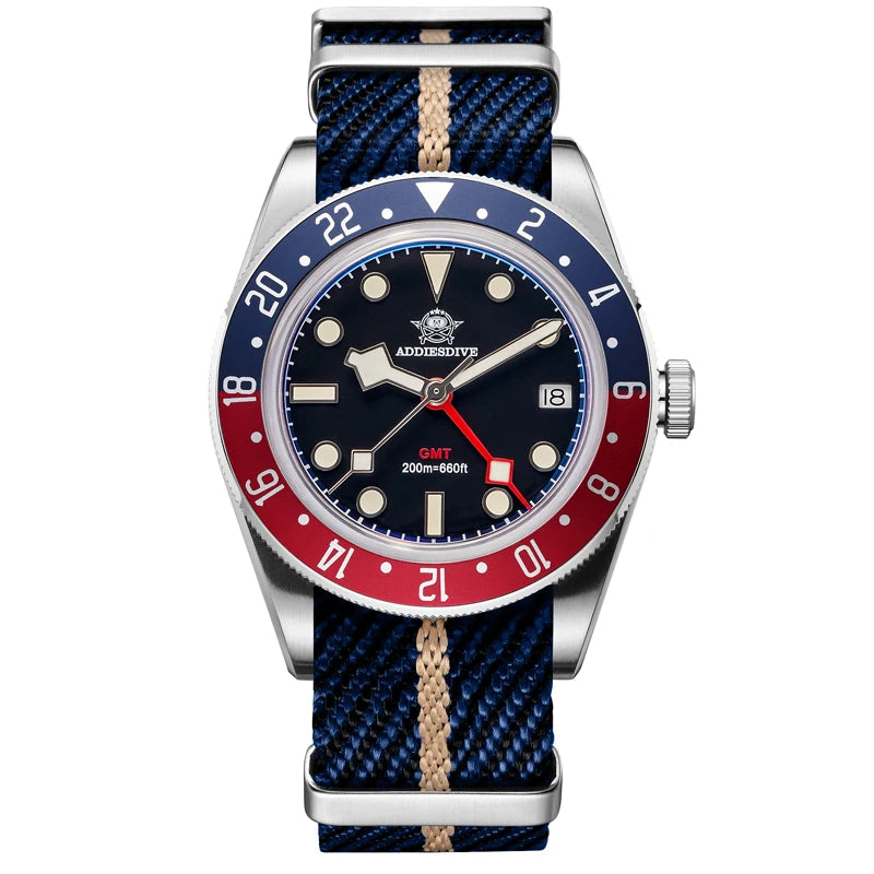 ADDIESDIVE Luxury GMT515-24H Men's Watch Diver 200m Bubble Mirror Glass BGW9 Super Luminous Stainless Steel Men's Analog Watches