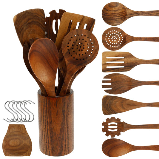 Wood Utensil Set  and Utensils Holder Kitchen Cooking Stainless Steel Utensil Set Practical Cookware Kit for Home Everyday Use