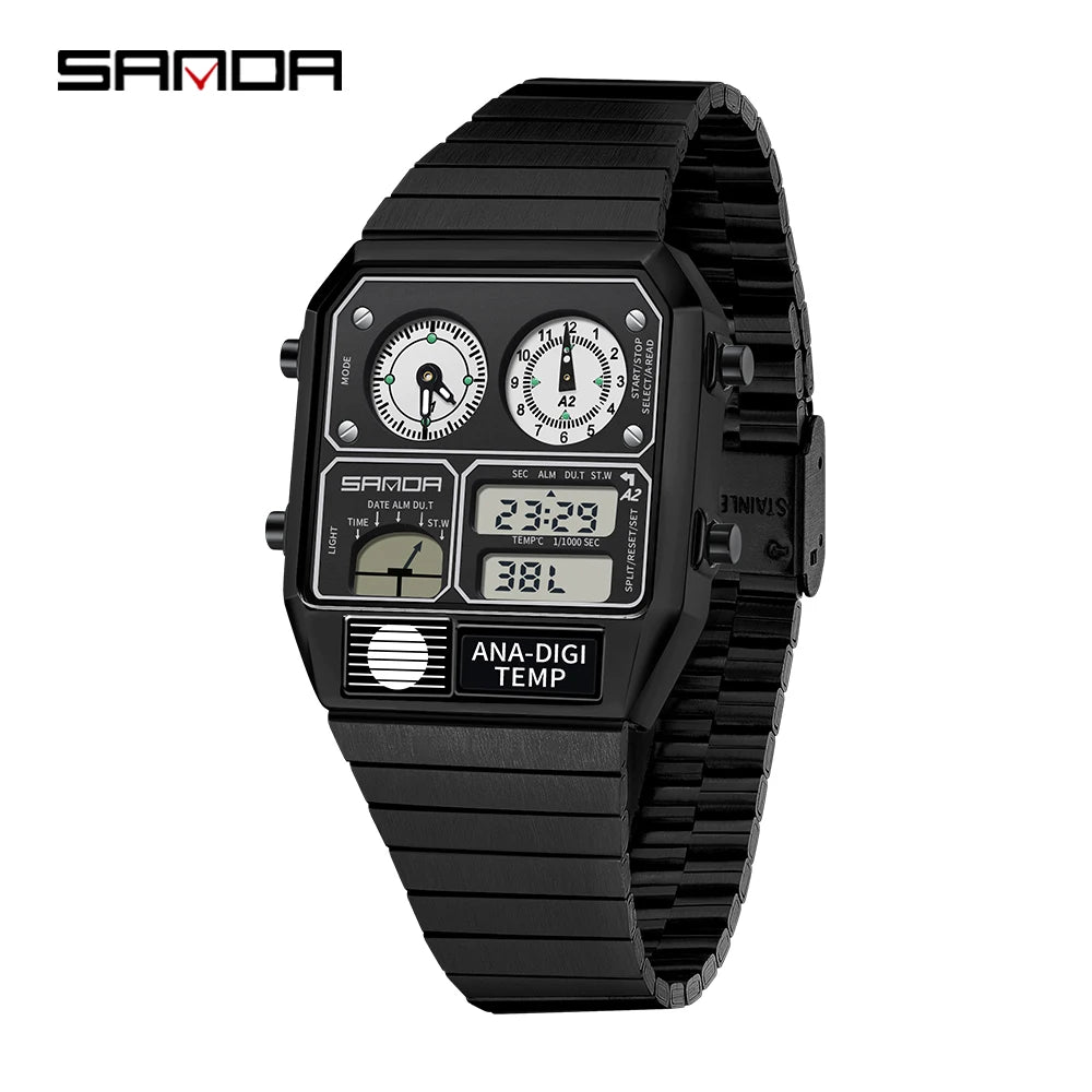 SANDA New 3192 Men's Square Men's Electronic Watch Waterproof LED Thermometer Stopwatch For Men's Electronic Watch