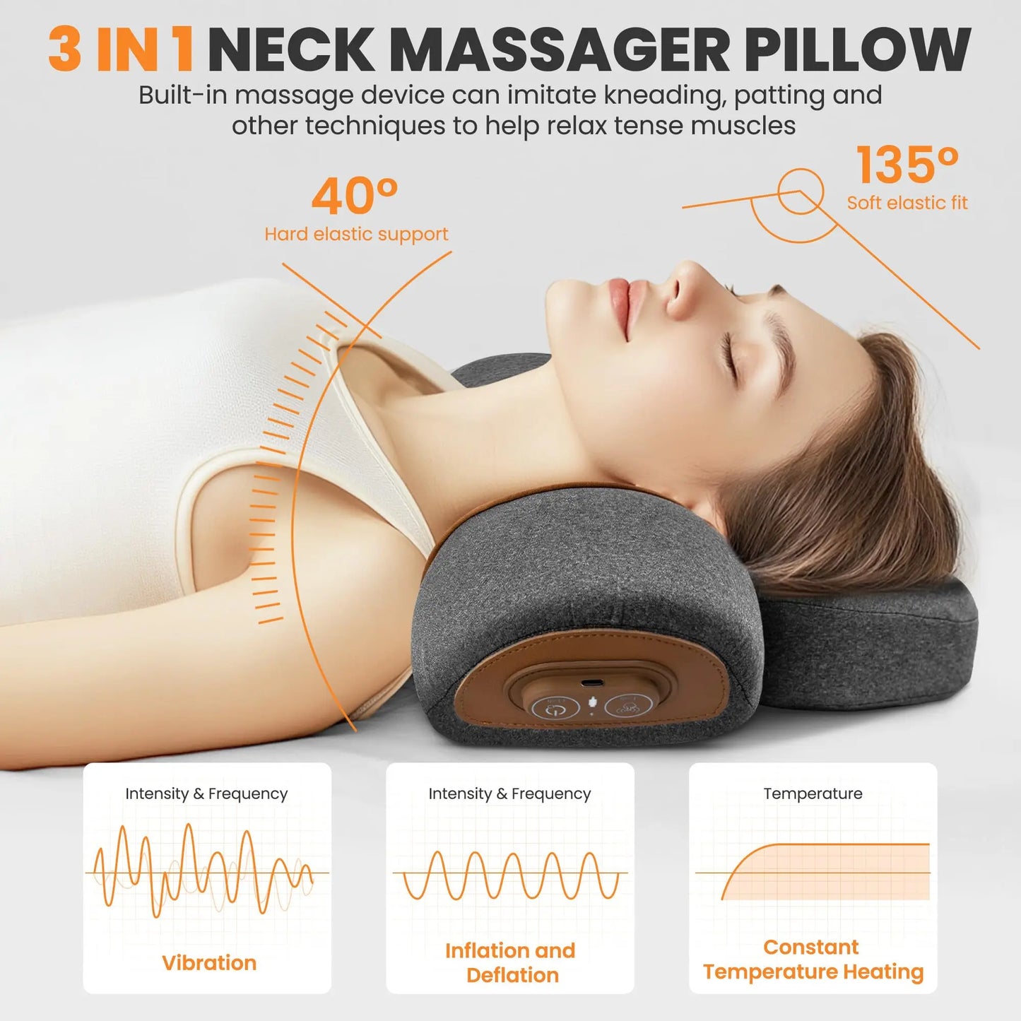 3-in-1 Neck Massager Pillow, Neck Massager for Deep Tissue, Massage Pillow with Heat, Vibration & Airbag Traction