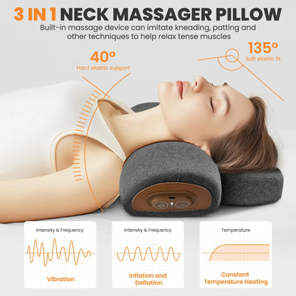 3-in-1 Neck Massager Pillow, Neck Massager for Deep Tissue, Massage Pillow with Heat, Vibration & Airbag Traction