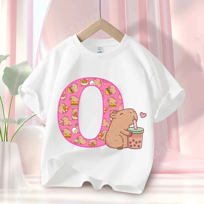 Summer Capibara Anime Letter A-Z Cute Printed Children's T-shirt Girls Short Sleeve Cotton Fashion Tops Kids Clothes Casual Tees