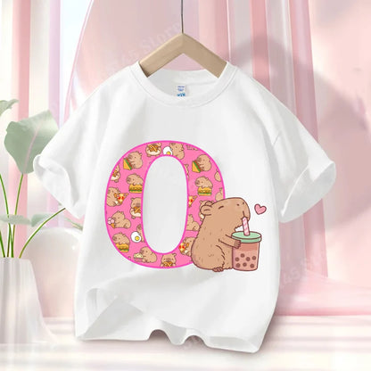 Summer Capibara Anime Letter A-Z Cute Printed Children's T-shirt Girls Short Sleeve Cotton Fashion Tops Kids Clothes Casual Tees