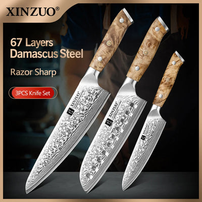 XINZUO 1-3PCS Damascus Steel Knife Set Chef Santoku Utility Knives 67 Layers Super Steel Figured Sycamore Brass Rivets 60HRC