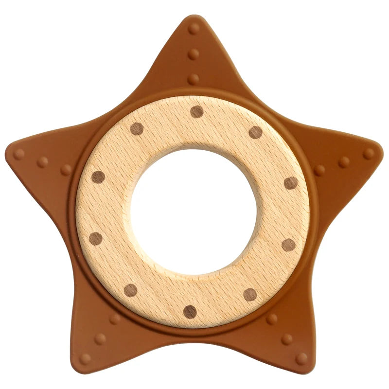 1PC Silicone Teether Baby Star Shape Wooden Ring Kid Baby Toy Gift BPA Free Silicone Children Chewing Teething Goods