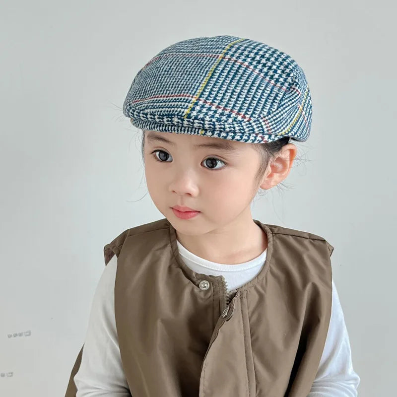 British Style Children's Forward Cap Retro Plaid Newsboy Hat Casual Octagonal Trendy Korean Version Knitted Casual Artist Hat