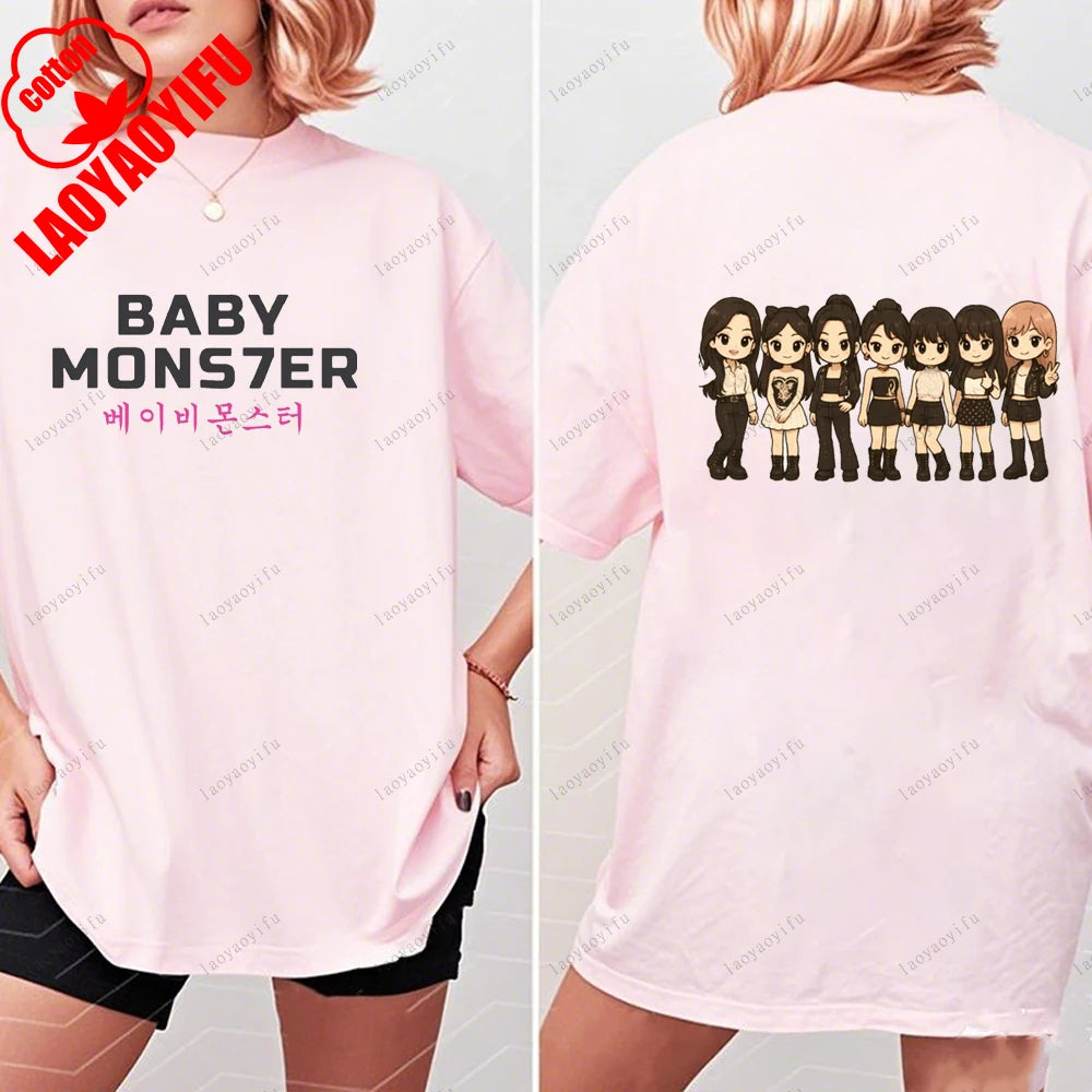 BABYMONSTER Kpop Band T-shirt Korean Fashion Summer Double Sided Tee Short Sleeve Cotton Comfortable Tshirts Women/Men Clothes