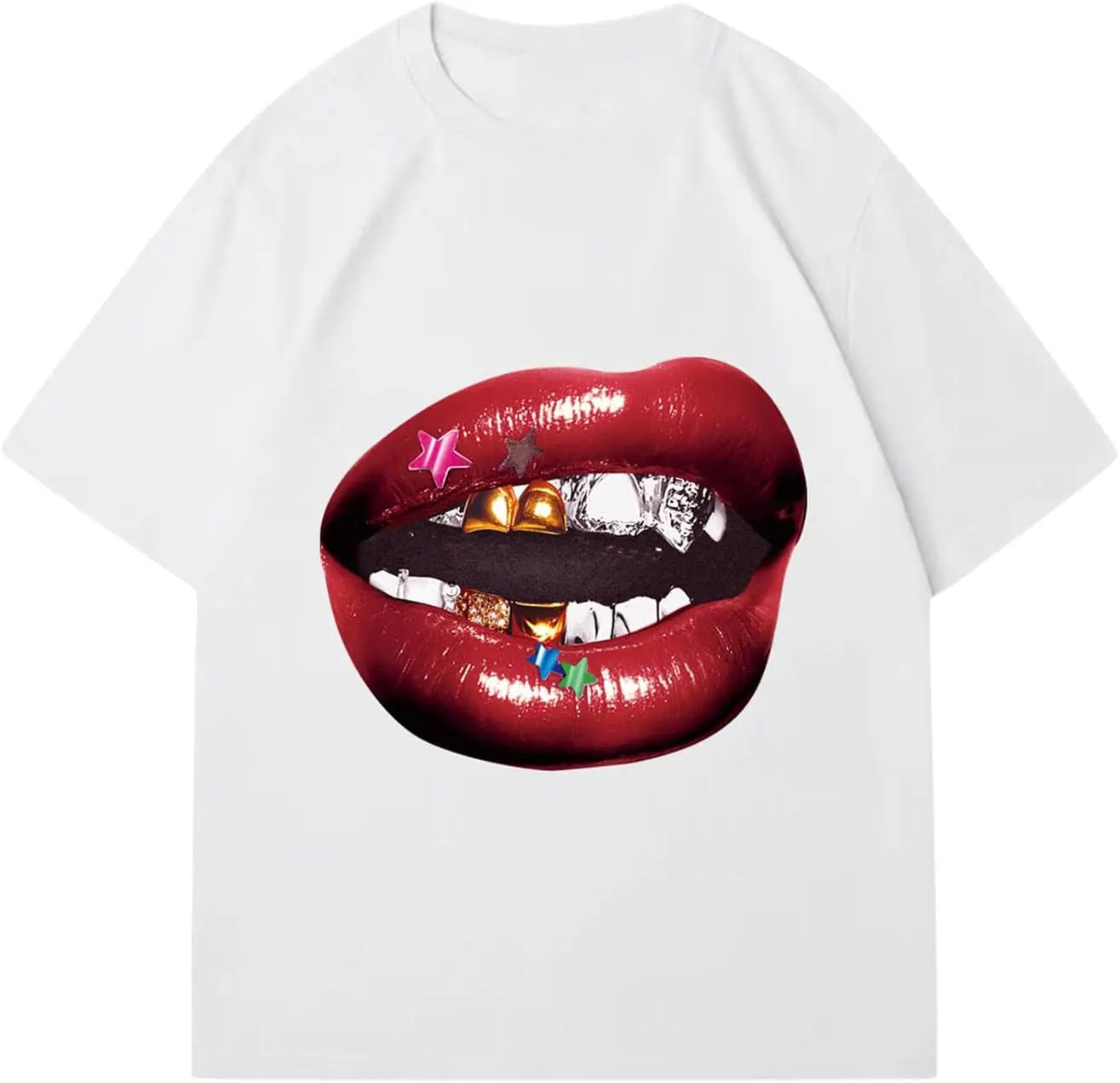 Chic Lips Golden Teeth Vintage T-shirt Rock Goth Casual Tee Clothing Men Oversized Cotton T Shirt Harajuku Y2k Tops Streetwear