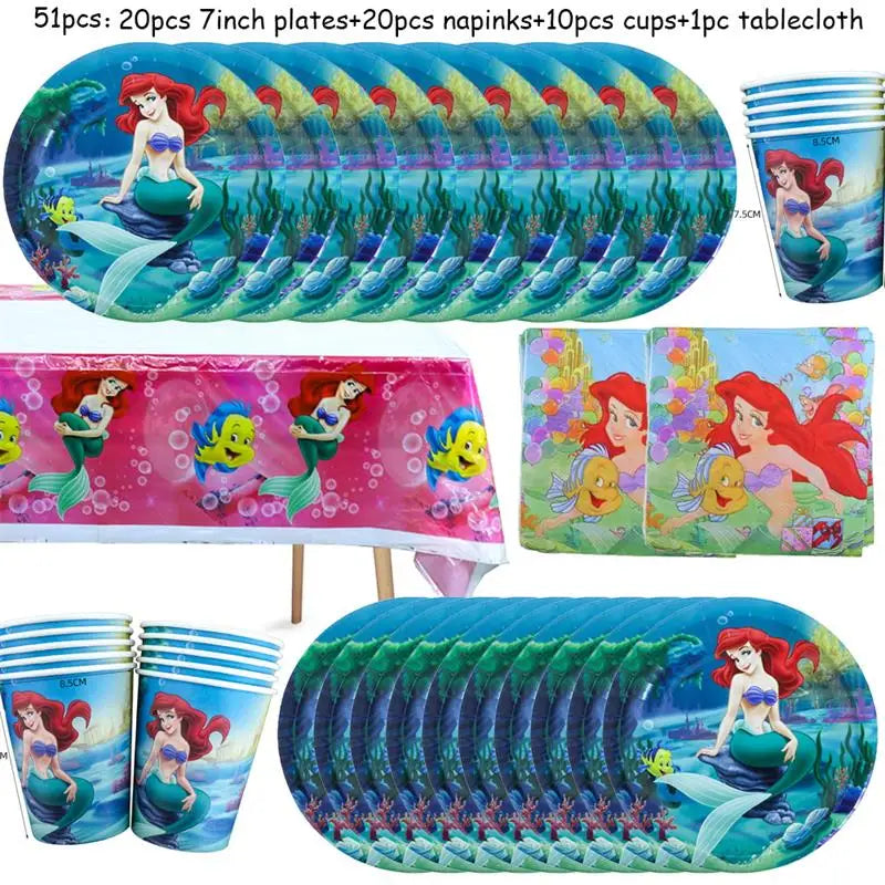 The Little Mermaid Birthday Party Decoration Princess Ariel Paper Napkin Plate Cup Tablecloth Balloons Kids Baby Shower Supplies