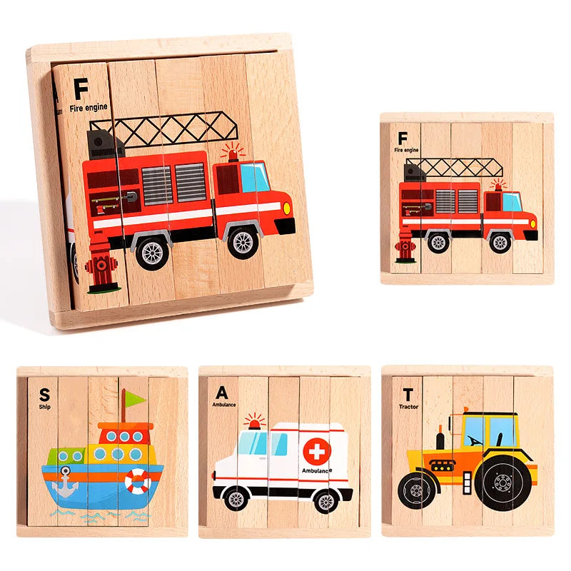 Wooden Stereoscopic Strip Animal Transport Building Blocks, Traffic Dinosaur Puzzle Enlightenment Toy, 4-sided Pattern Puzzle