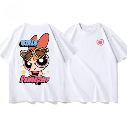 The Powerpuff Girls Collaboration Short-sleeved T-shirt for Men Women Casual Loose Pure Cotton Short Sleeve Versatile Sports Top