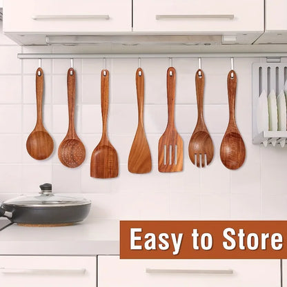 9pcs Premium Wooden Cooking Utensils Set Heat Resistant Non stick Pan Kitchen Cooking Tools Shovel Spoon Salad Spoon Fork