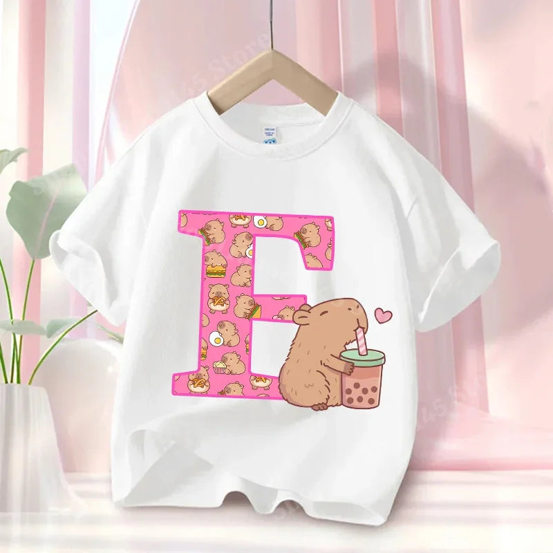Summer Capibara Anime Letter A-Z Cute Printed Children's T-shirt Girls Short Sleeve Cotton Fashion Tops Kids Clothes Casual Tees