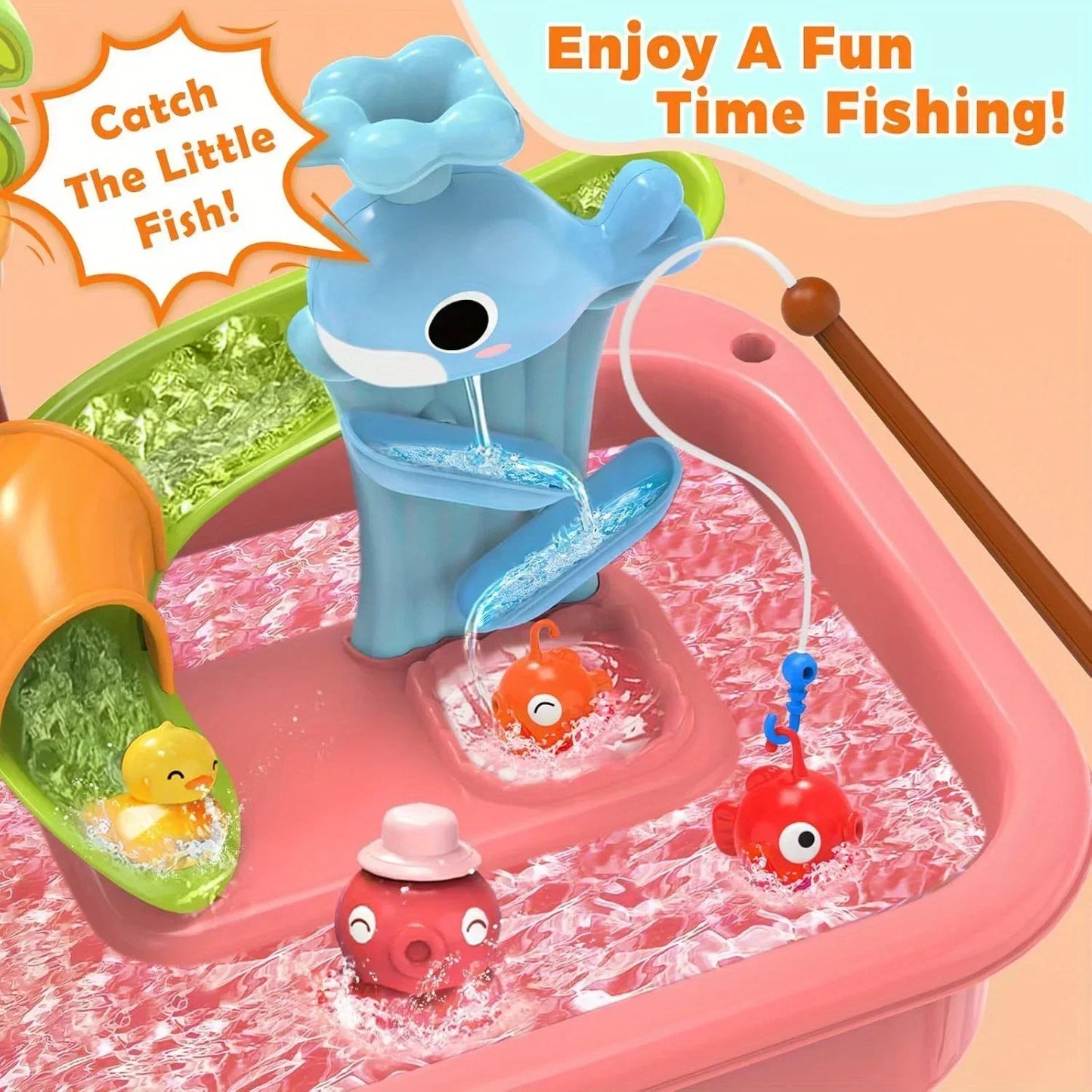 Kids Play Sink with Running Water & Electric Faucet,Water table with Pump,Tableware & Fishing Game,Toy Kitchen Sets for Kids