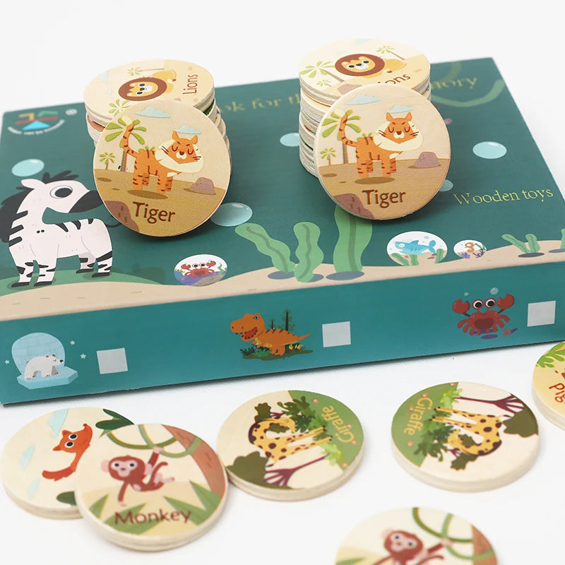 Children's Wooden Memory Matching Game with Educational Dinosaur, Animal, and Ocean-Themed Toys to Find the Same Ones