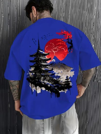 Men's T-Shirts Fuji Mountain Cherry Blossom Print Summer Autumn Harajuku Daily Sports Comfortable Casual Loose Short-Sleeve Top
