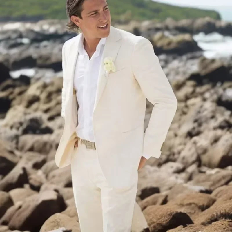 Linen Beach Wedding Suits for Men Slim Fit Groom Tuxedo Formal Prom 2 Pieces Male Fashion Jacket with Pants 2025