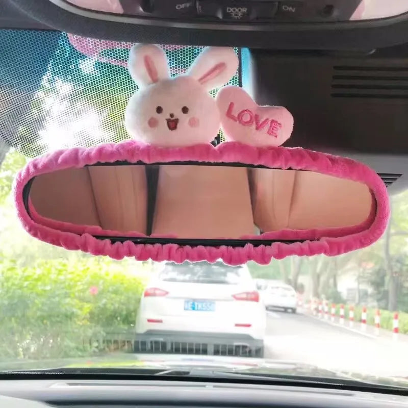 Cute Cat Rabbit Car Cartoon Seat Belt New Rearview Mirror Figure South Korea Car Mirror Hanging Accessories Pink Interior Woman