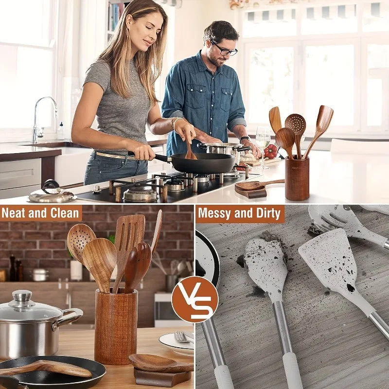 9pcs Premium Wooden Cooking Utensils Set Heat Resistant Non stick Pan Kitchen Cooking Tools Shovel Spoon Salad Spoon Fork