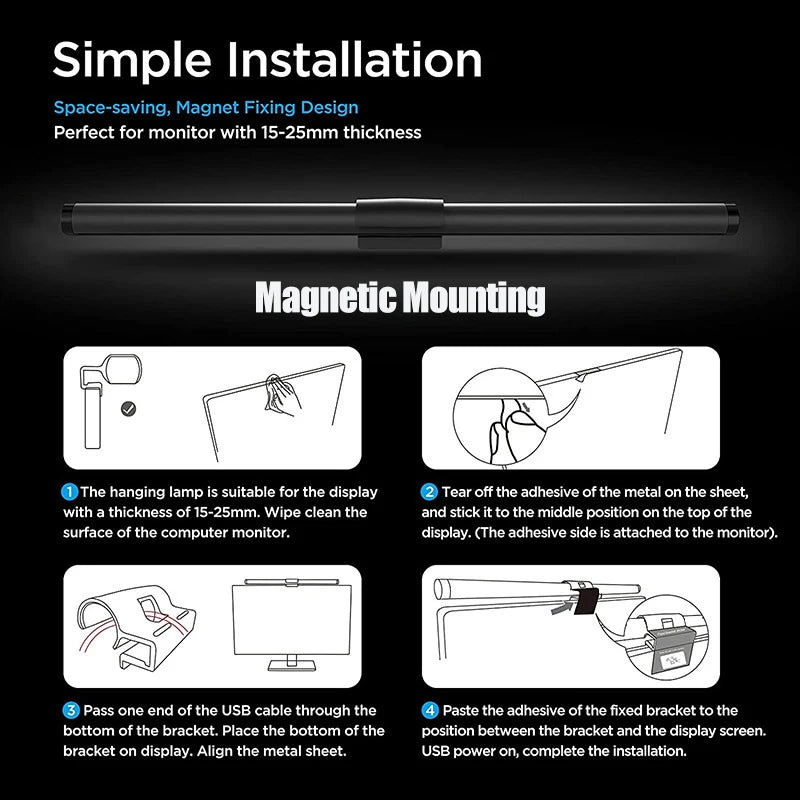 Eye-Care Screen Light Bar 44cm Aluminum Knob Remote Table Computer Monitor LED Task Lamp USB Magnetic Light Office Desk Lamp