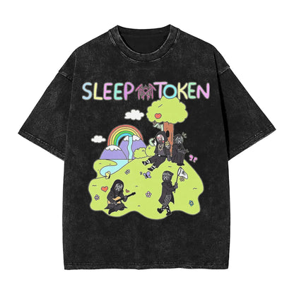 Sleep Rock Music Tokensd Even In Arcadia T Shirt Hip Washed Short Sleeve High Street T-Shirt Fashion for Men Women Streetwear