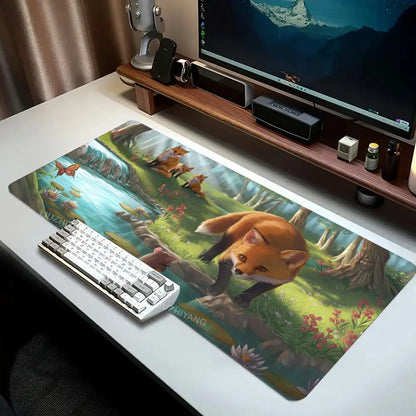 Cute Fox Theme Mouse Pad Large Computer Office Game Table Mat XXL Rubber Non-slip Stitched Edge Keyboard Mats Washable Desk Pads