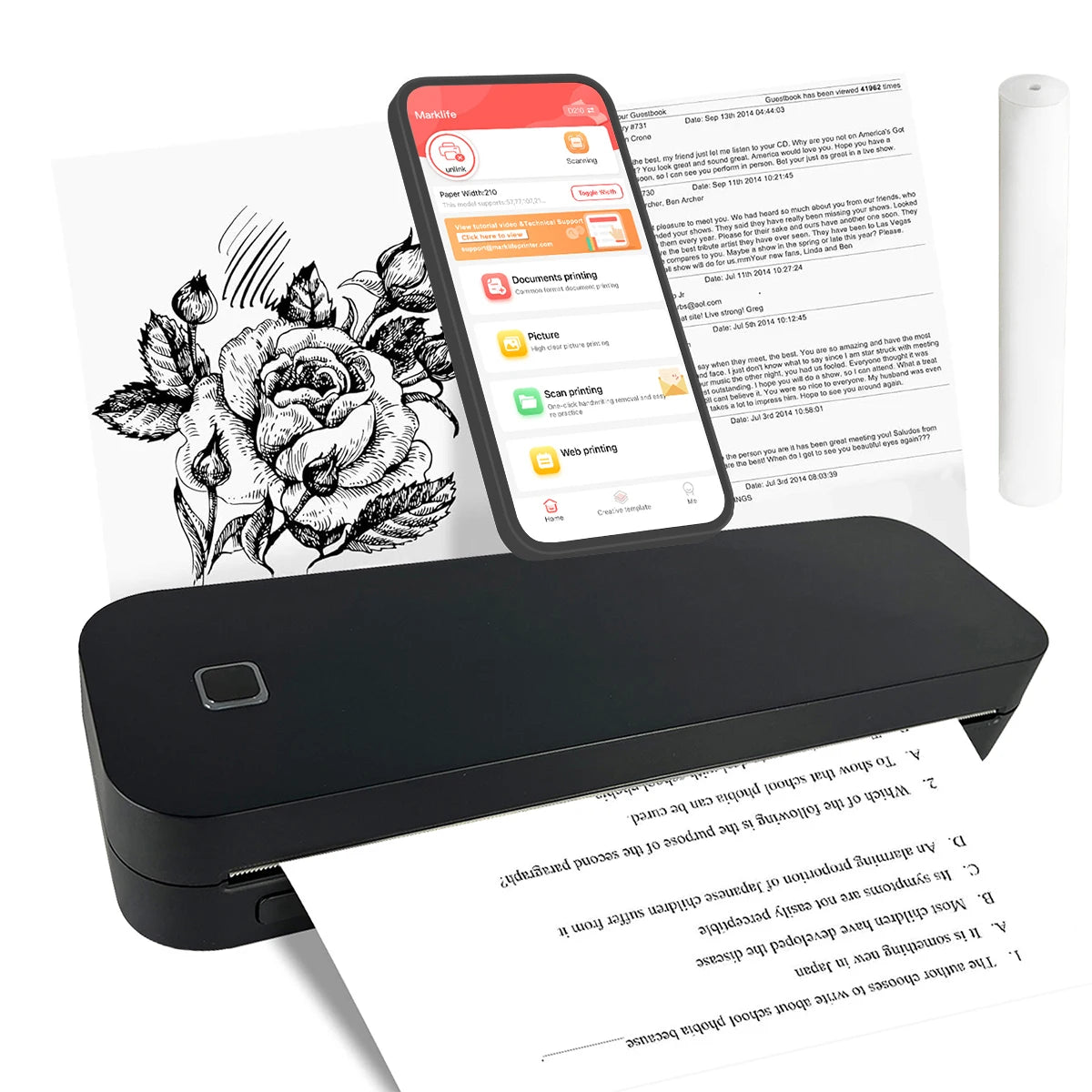 Marklife Portable A4 Thermal Printer Bluetooth-compatible Photo PDF Printing Machine Folded Rolls Paper for Office Home Travel