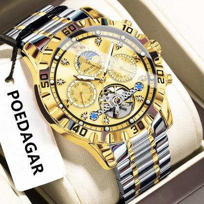 POEDAGAR Military Luxury Men Clock Mechanical Waterproof Man Watch Hollow Tourbillon Automatic Stainless Steel Men's Watches+Box