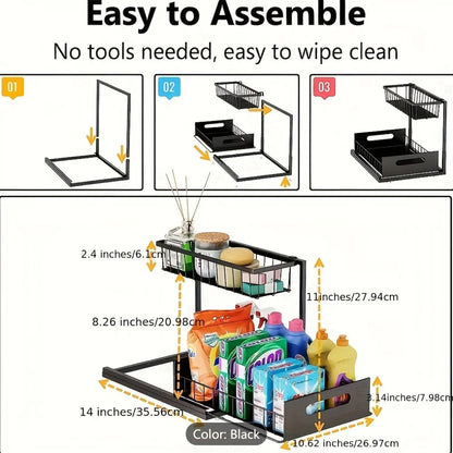 Under Sink Kitchen Storage Rack Set - Sliding Metal Drawer Organizer for Bathroom, Pantry, and Cabinets  Essential for Home Use