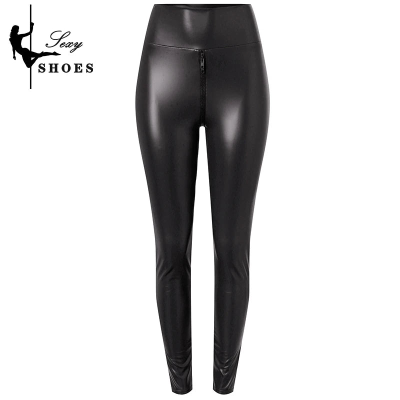 Open Crotch Pants for Women Sexy Black Matte Leather Double Zipper Bodycon Trousers Ladies Exotic Slim Nightclub Leggings Custom