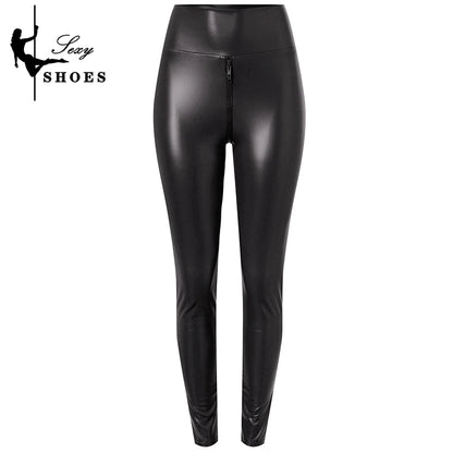 Open Crotch Pants for Women Sexy Black Matte Leather Double Zipper Bodycon Trousers Ladies Exotic Slim Nightclub Leggings Custom