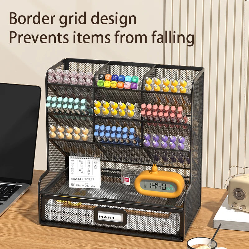 Desk Organizer Mesh Desktop Office Supplies Pen Holder Stationery Holder with 9 Compartments and 1 Drawer for Office Home School