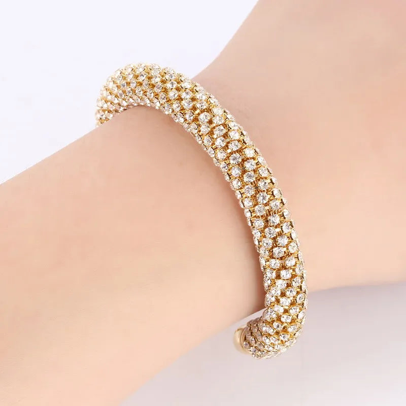 Fashion Open Cuff Round Bracelet Bangle Women Gold Silver Color Crystal Rhinestone Claw Chain Wrap Expandable Bracelets Jewelry