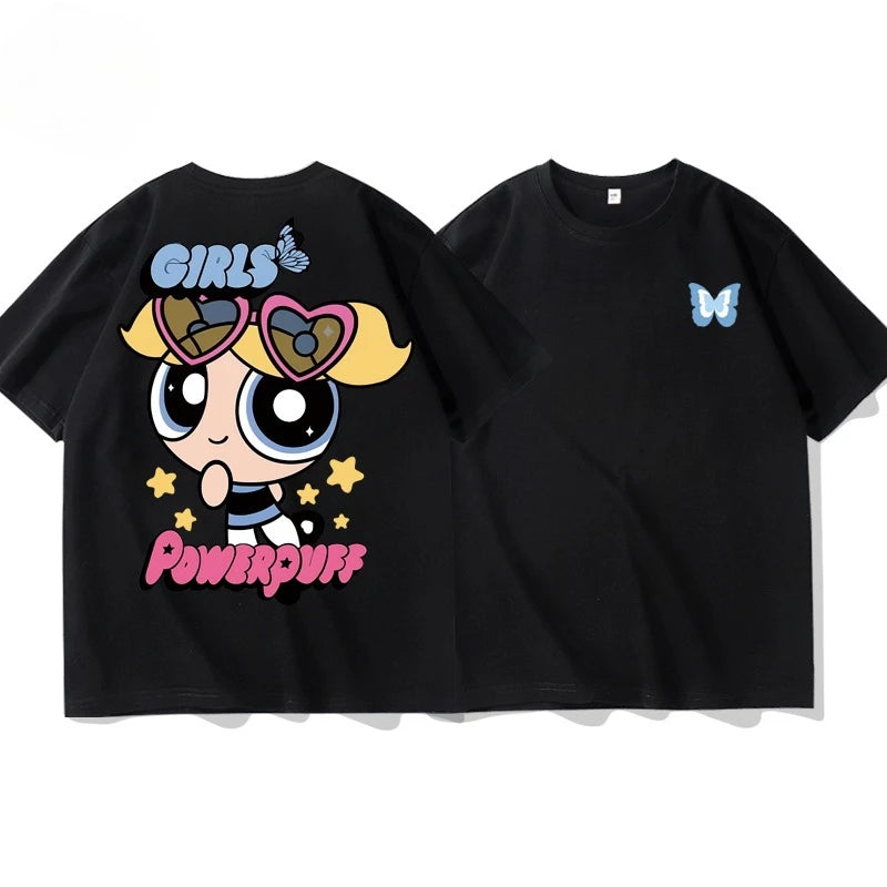 The Powerpuff Girls Collaboration Short-sleeved T-shirt for Men Women Casual Loose Pure Cotton Short Sleeve Versatile Sports Top