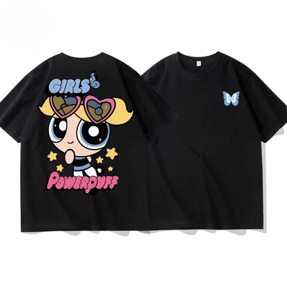 The Powerpuff Girls Collaboration Short-sleeved T-shirt for Men Women Casual Loose Pure Cotton Short Sleeve Versatile Sports Top