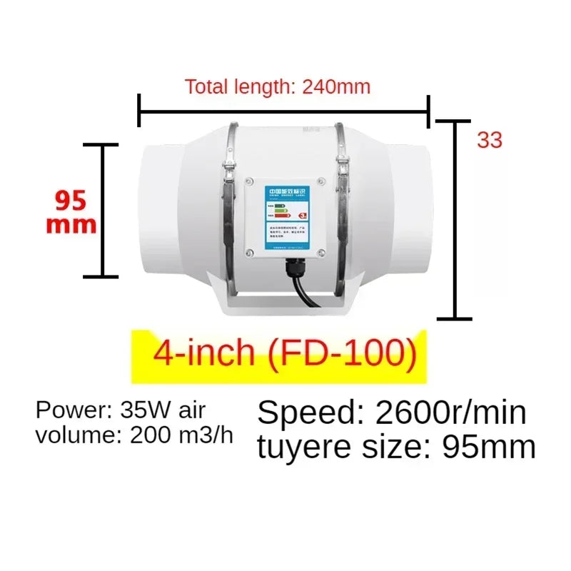 4/5/6 inch Exhaust Fan Home Silent Inline Pipe Duct Fan Bathroom 220V Extractor Ventilation Kitchen Toilet Wall Air Cleaning