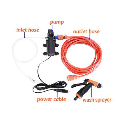 Portable High Pressure Car Washing Machine Kit 12V Electric Pump + Wash Sprayer 2 Modes + Power Cable + Hoses