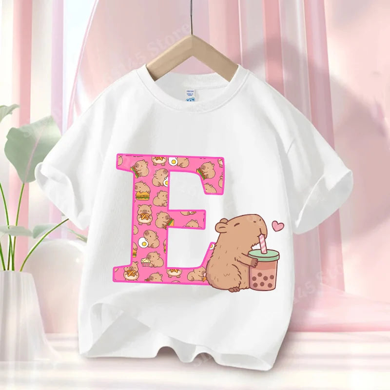 Summer Capibara Anime Letter A-Z Cute Printed Children's T-shirt Girls Short Sleeve Cotton Fashion Tops Kids Clothes Casual Tees