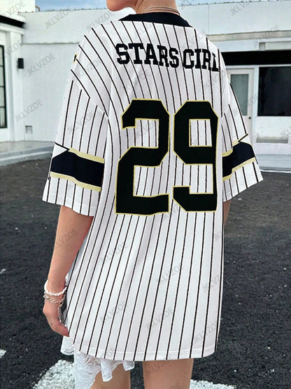 Oversized T-shirt For Women V-Neck Short Sleeve Summer Pink Patchwork 29 Printed Streetwear Tops Casual Football Jersey Y2k Tees