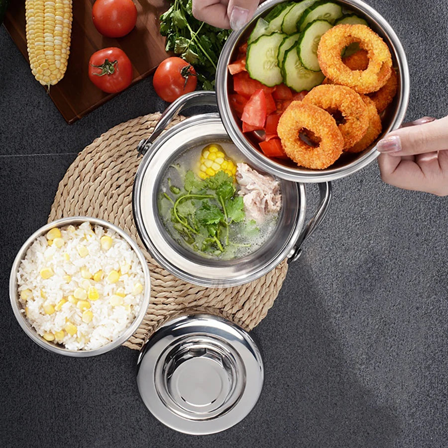 Stainless Steel Insulation Barrel Portable Insulated Lunch Box Drum Shape 3 Layer Round Lunch Box Stainless steel thermal Pot