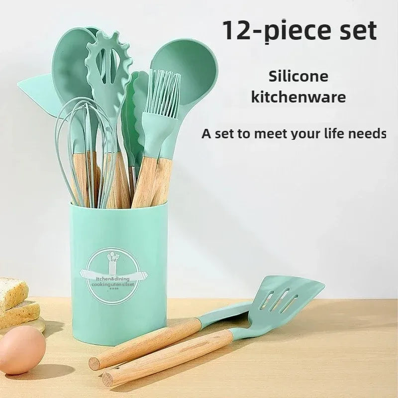 12PCS Silicone Kitchen Utensils Set Non Stick Cooking Tools Wooden Handle Spatula Turner Egg Whisk Baking BBQ Heat Resistant