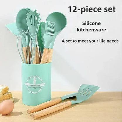 12PCS Silicone Kitchen Utensils Set Non Stick Cooking Tools Wooden Handle Spatula Turner Egg Whisk Baking BBQ Heat Resistant