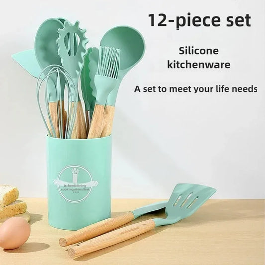 12PCS Silicone Kitchen Utensils Set Non Stick Cooking Tools Wooden Handle Spatula Turner Egg Whisk Baking BBQ Heat Resistant
