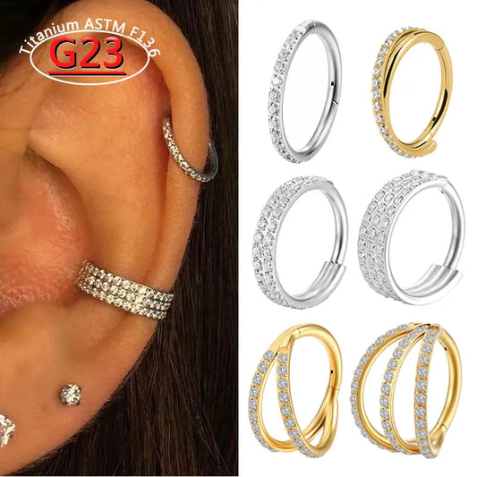 G23 Titanium Piercing Double Layered Triple Stack Hinged Zircon Nose Ring Helix Cartilage CZ Small Cartilage Septum Clicker
