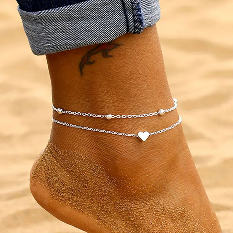 Love Personality Double Simple Bohemian Layered Heart Anklet Summer Beach Anklets On Foot Ankle Bracelets For Women Leg Chain